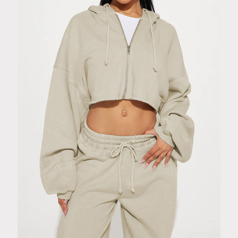 Damen gekürztes Reißverschluss-Kapuzenoberteil und hochtaillierte weite Fleece-Jogginghose Set Nord Taschen