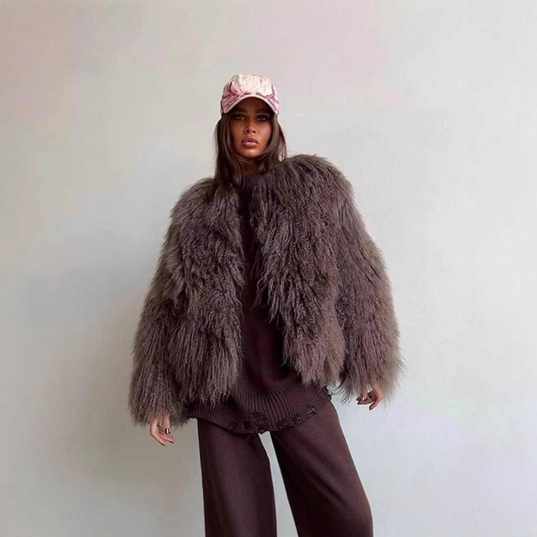Damen kurze Kunstpelzjacke im Tibetan-Look mit extralangem Flor und Boxy-Schnitt Nord Taschen