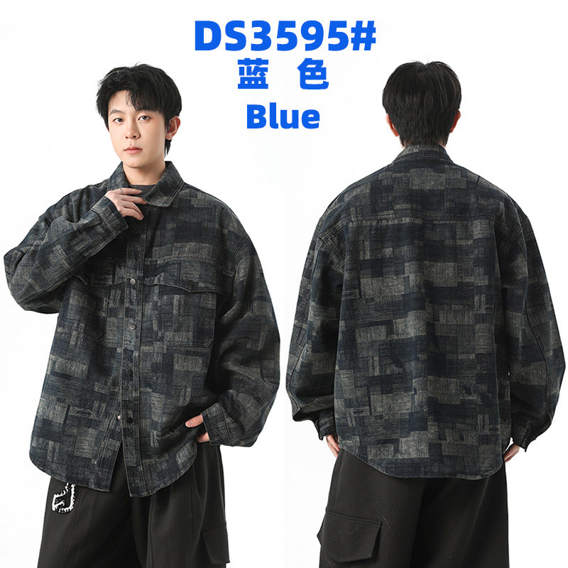 Herren Oversized Denim‑Hemdjacke mit grafischem Patchmuster und Brusttaschen Nord Taschen