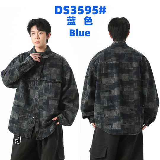 Herren Oversized Denim‑Hemdjacke mit grafischem Patchmuster und Brusttaschen Nord Taschen