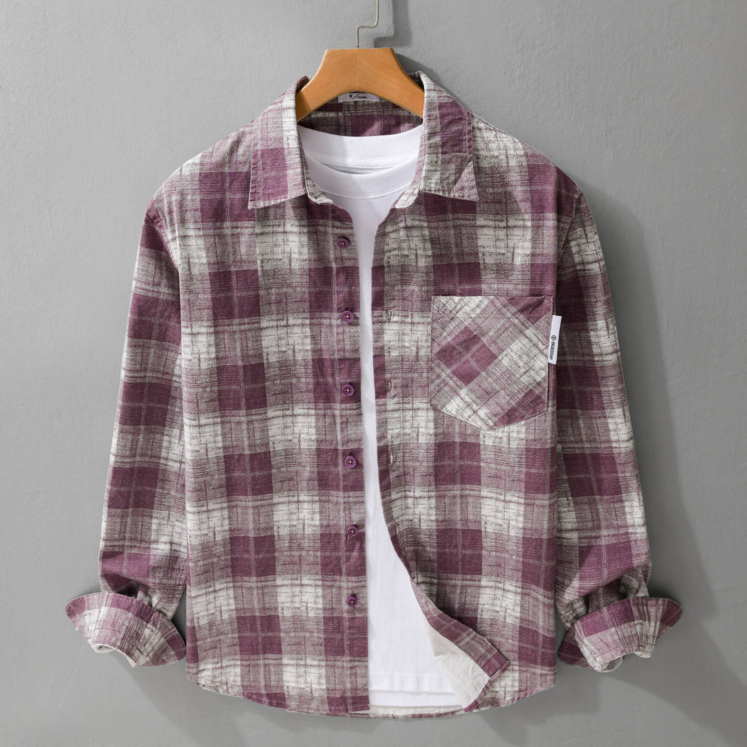 Herren Leichtes kariertes Layering-Overshirt aus Baumwoll‑Leinenmix mit diagonalem Brustpatch Nord Taschen