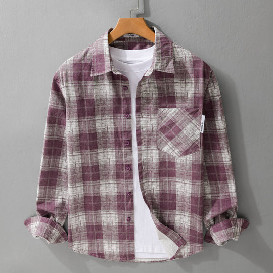 Herren Leichtes kariertes Layering-Overshirt aus Baumwoll‑Leinenmix mit diagonalem Brustpatch Nord Taschen
