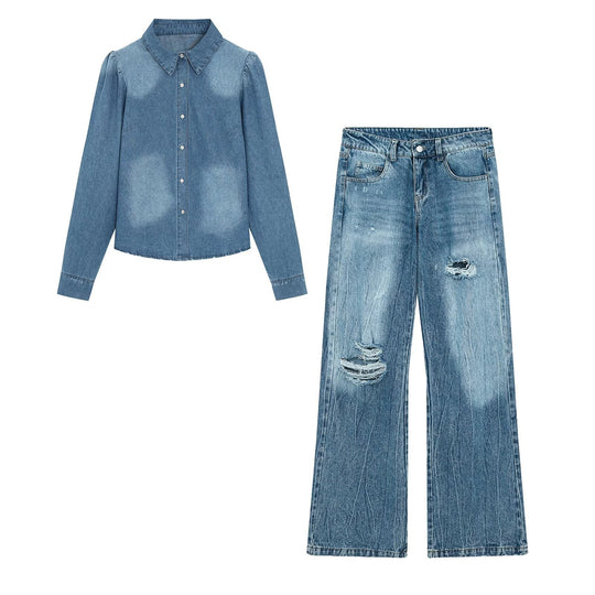 Damen Denim-Hemdbluse mit leichtem Puffärmel und klassischem Hemdkragen Nord Taschen