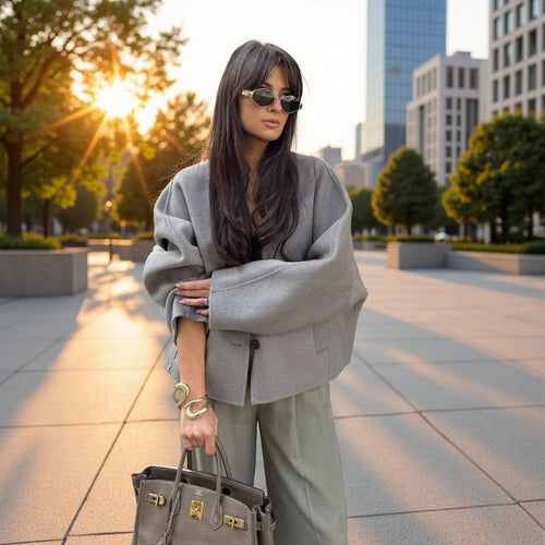 Damen Oversize‑Kurzjacke aus Wollmix mit kastiger Silhouette und Ballonärmeln Nord Taschen