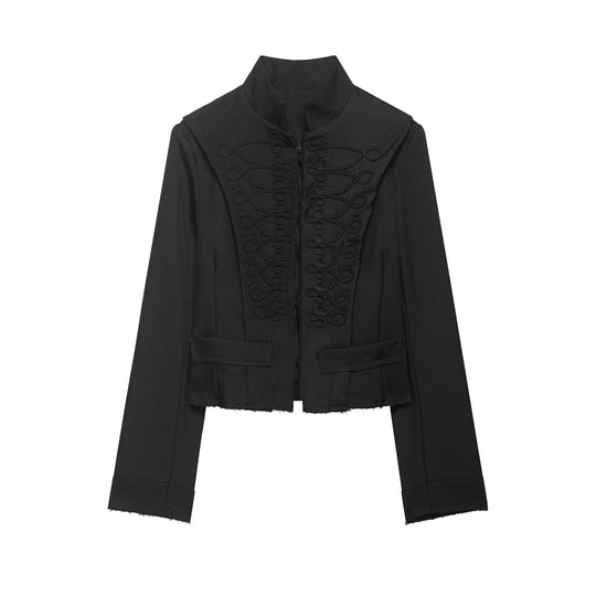 Damen Cropped‑Militärblazer mit Stehkragen, dekorativen Schlaufen und fransigem Saum Nord Taschen