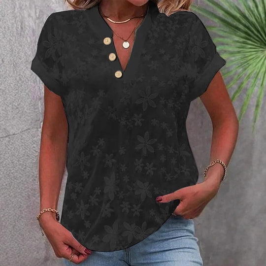 Damen Bluse mit floralem Stickmuster und klassischem V-Ausschnitt