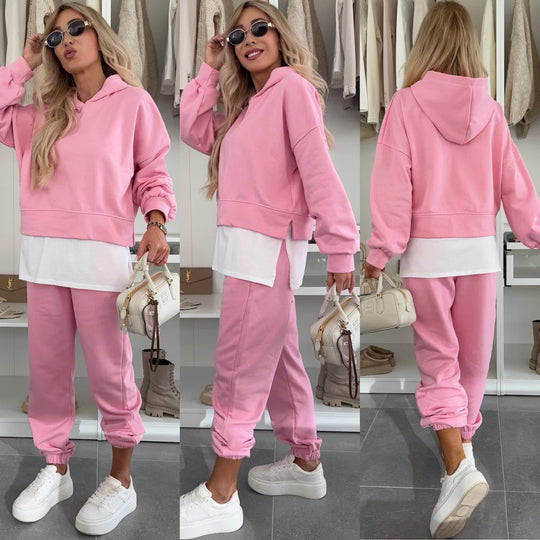 Damen Cropped-Hoodie-Lounge-Set mit asymmetrischem Saum, voluminösen Raglanärmeln und gekrempelter Jogginghose Nord Taschen