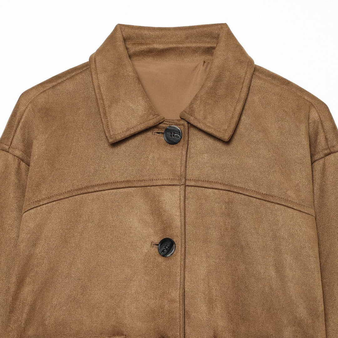 Damen Kurzjacke aus Wildlederoptik mit großen aufgesetzten Taschen Nord Taschen