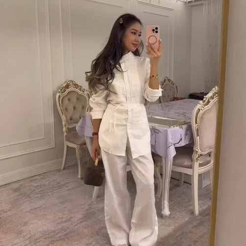 Damen Lange Hemdbluse mit feinen Biesen, Stehkragen und Bindegürtel Nord Taschen