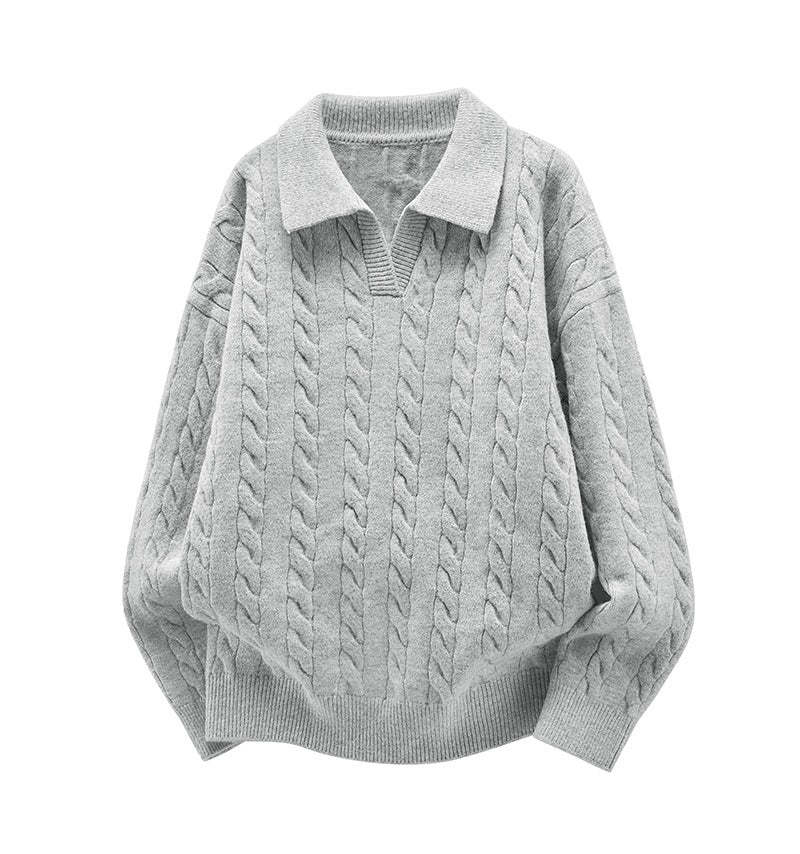 Damen Oversize Kabelstrick-Polo-Pullover mit V‑Ausschnitt und geripptem Saum Nord Taschen