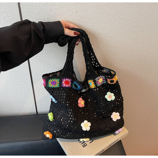 Damen gehäkelte Strandtasche mit bunten Blumenapplikationen Nord Taschen