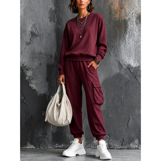 Damen Lässiges Cargo-Jogginganzug-Set mit Oversize-Sweatshirt und Cargohose Nord Taschen
