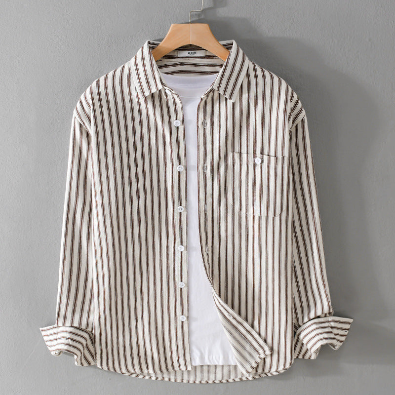 Herren Leichtes gestreiftes Layering-Overshirt aus Leinen-Baumwollmix mit Brusttasche und abgerundetem Saum Nord Taschen