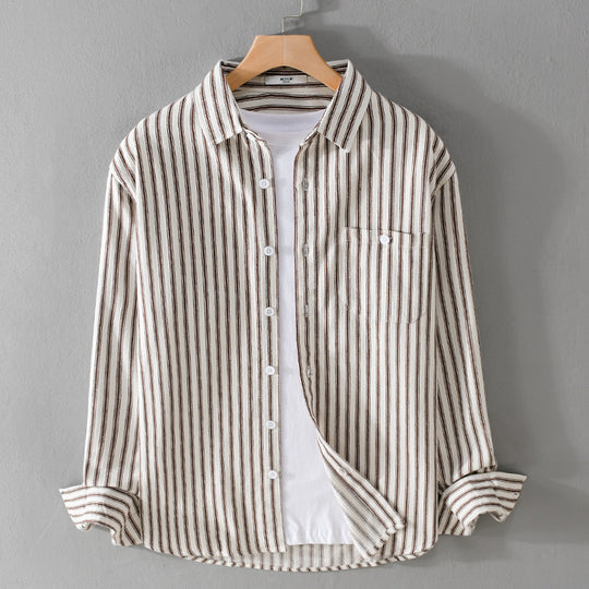 Herren Leichtes gestreiftes Layering-Overshirt aus Leinen-Baumwollmix mit Brusttasche und abgerundetem Saum Nord Taschen