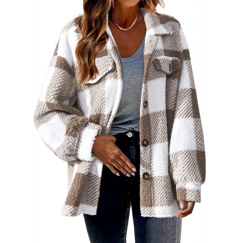 Damen Karierte Teddy‑Hemdjacke im Oversize‑Shacket‑Stil Nord Taschen