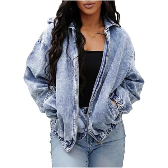 Damen Oversize Jeansjacke mit Kapuze, Reißverschluss und gerafftem Saum Nord Taschen