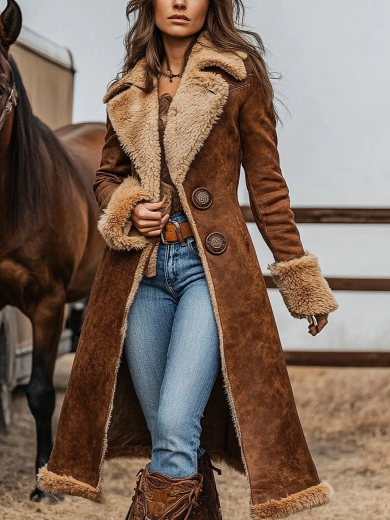 Damen Langer Veloursleder‑Look Mantel mit Lammfell‑Imitatfutter und dekorativer Doppelknopfleiste Nord Taschen