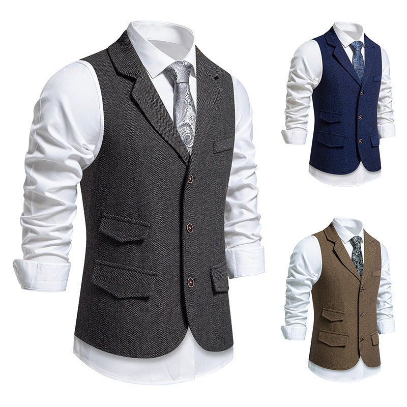Herren Tweed-Weste mit Fischgrätstruktur, Reverskragen und Pattentaschen Nord Taschen