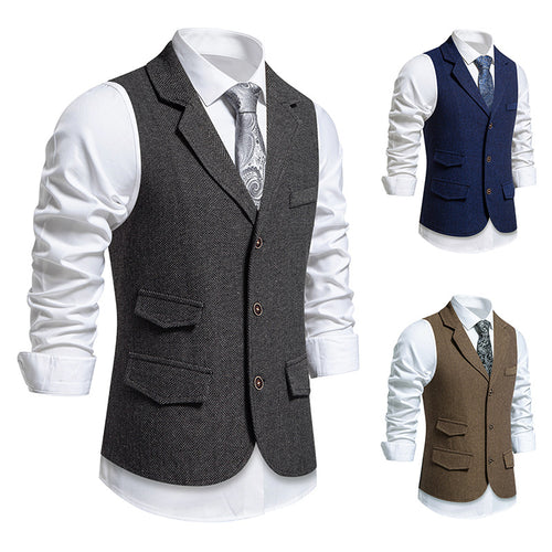 Herren Tweed-Weste mit Fischgrätstruktur, Reverskragen und Pattentaschen Nord Taschen