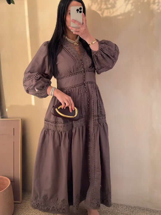 Damen Maxikleid im Boho‑Stil mit Spitzeneinsätzen, Knopfleiste und Ballonärmeln Nord Taschen