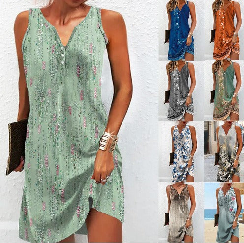 Damen, lässiges Sommerkleid mit V-Ausschnitt und asymmetrischem Saum