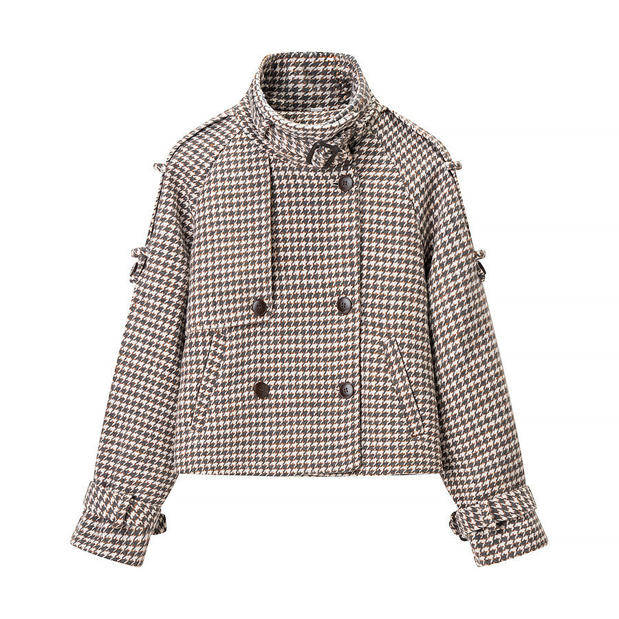 Damen Kurze zweireihige Boxy‑Jacke im Hahnentritt mit hohem Stehkragen und dekorativen Schnallen Nord Taschen