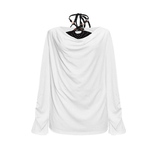 Damen Langes drapiertes Langarmshirt mit Wasserfallkragen und Raffung an den Ärmeln Nord Taschen