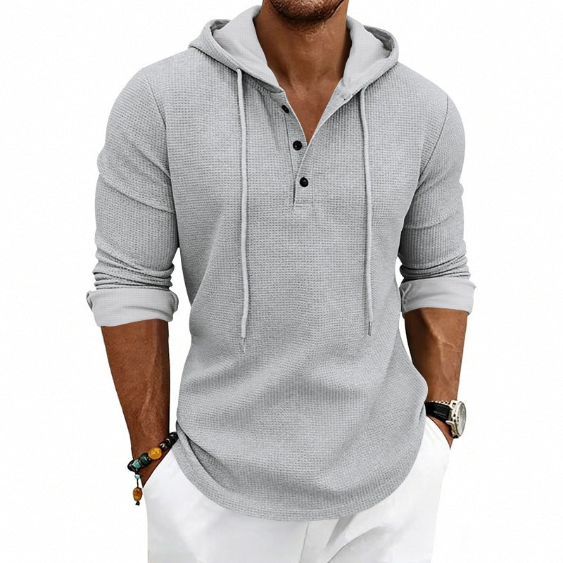 Herren Texturiertes Kapuzen-Langarmshirt mit Knopfleiste und Waffelstruktur Nord Taschen