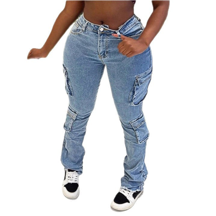 Damen Hochgeschnittene Cargo-Jeans mit mehreren Pattentaschen und ausgefranstem Saum Nord Taschen