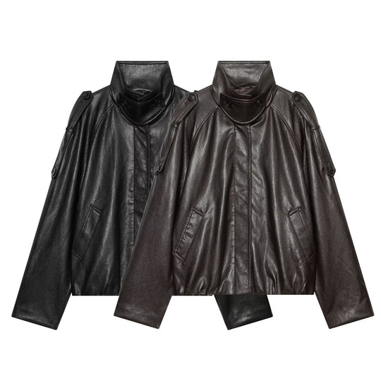 Damen Oversized Cropped Lederoptik‑Jacke mit hohem Stehkragen und Epauletten Nord Taschen