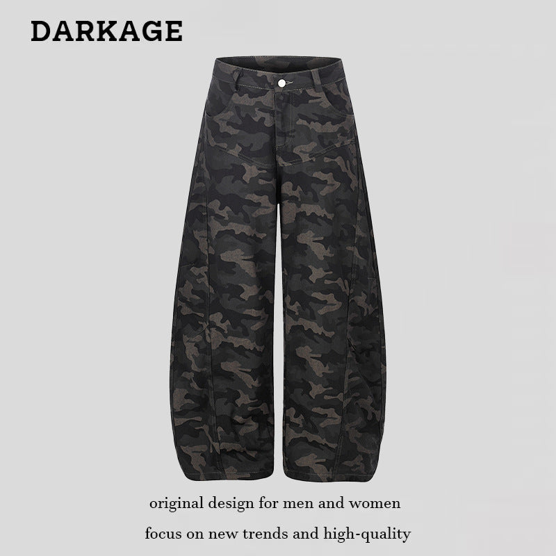 Damen Weite Camouflage-Palazzo-Hose mit hohem Bund, Gürtelschlaufen und ballonförmigem Bein Nord Taschen