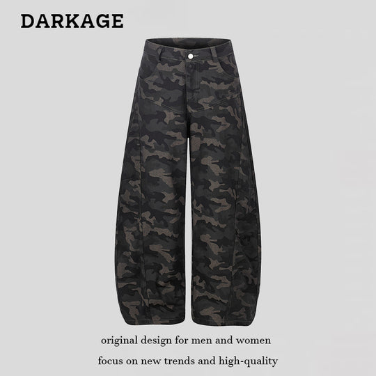 Damen Weite Camouflage-Palazzo-Hose mit hohem Bund, Gürtelschlaufen und ballonförmigem Bein Nord Taschen
