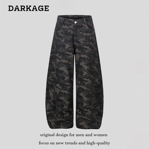 Damen Weite Camouflage-Palazzo-Hose mit hohem Bund, Gürtelschlaufen und ballonförmigem Bein Nord Taschen