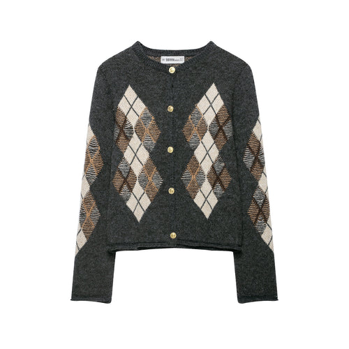 Damen Kurzgeschnittener Argyle-Cardigan im Retro-Strick mit goldenen Zierknöpfen Nord Taschen