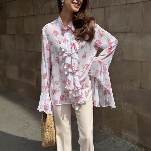 Damen Chiffon-Bluse mit Rosendruck, Volantstufen und Glockenärmeln Nord Taschen