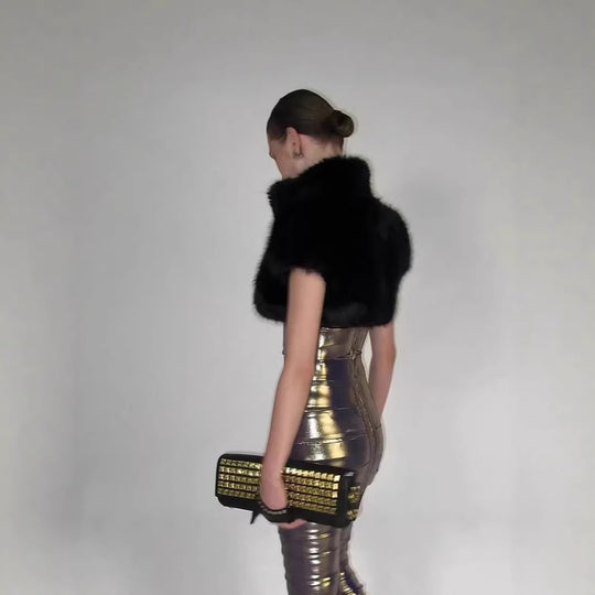Damen Cropped Kunstpelz‑Bolero mit voluminösem Umlegekragen und Puffärmeln Nord Taschen