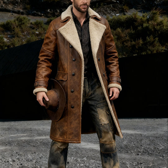 Herren Langer Vintage-Lederimitatmantel mit Teddyfutter und verstellbaren Schnallenmanschetten Nord Taschen