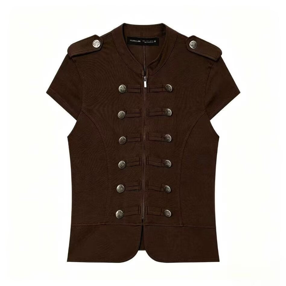 Damen Kurzärmelige militärisch-inspirierte Weste mit Zierriegeln und Metallknöpfen Nord Taschen