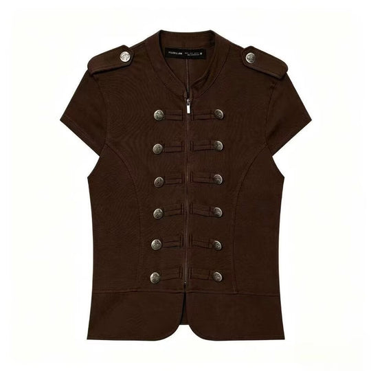 Damen Kurzärmelige militärisch-inspirierte Weste mit Zierriegeln und Metallknöpfen Nord Taschen