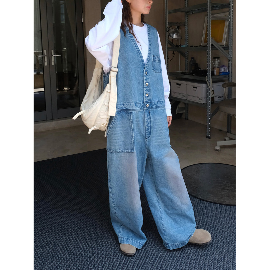Damen Weite Denim‑Latzhose im Baggy‑Stil mit tiefem V‑Ausschnitt und Knopfleiste Nord Taschen