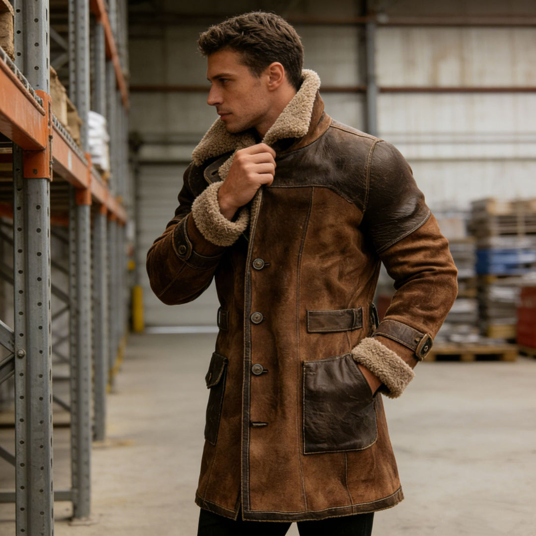 Herren Langer Shearling-Mantel aus Wildleder mit Lederbesatz Nord Taschen