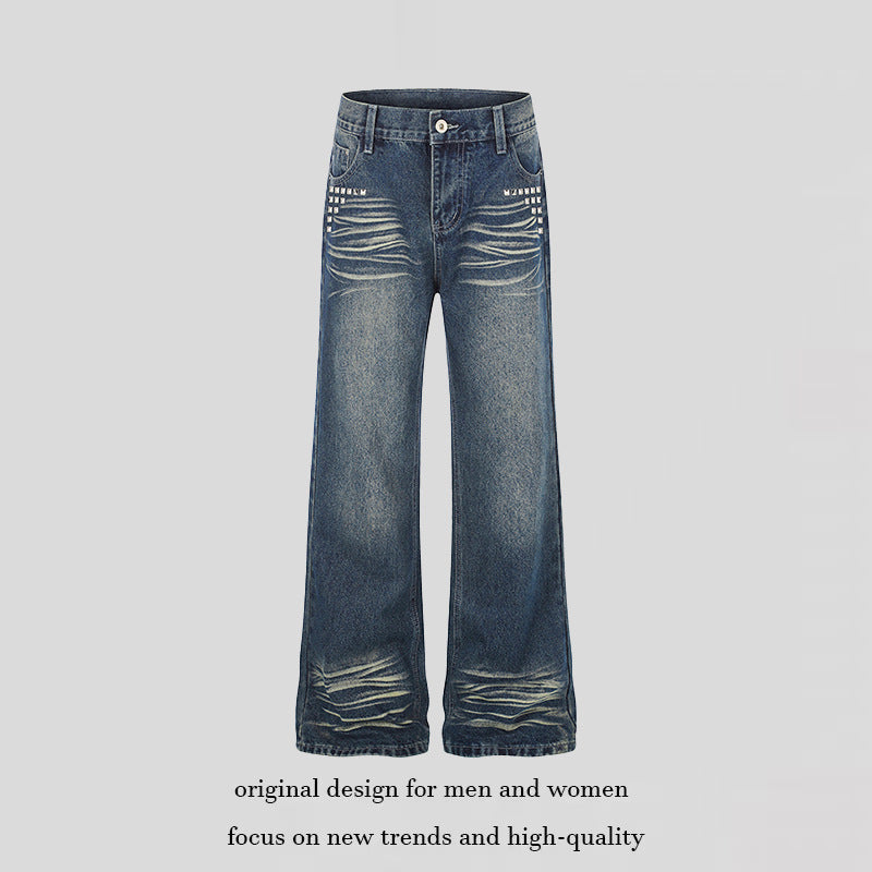Damen Weite High‑Waist Distressed-Jeans im Palazzo-Stil mit Nietenbesatz Nord Taschen
