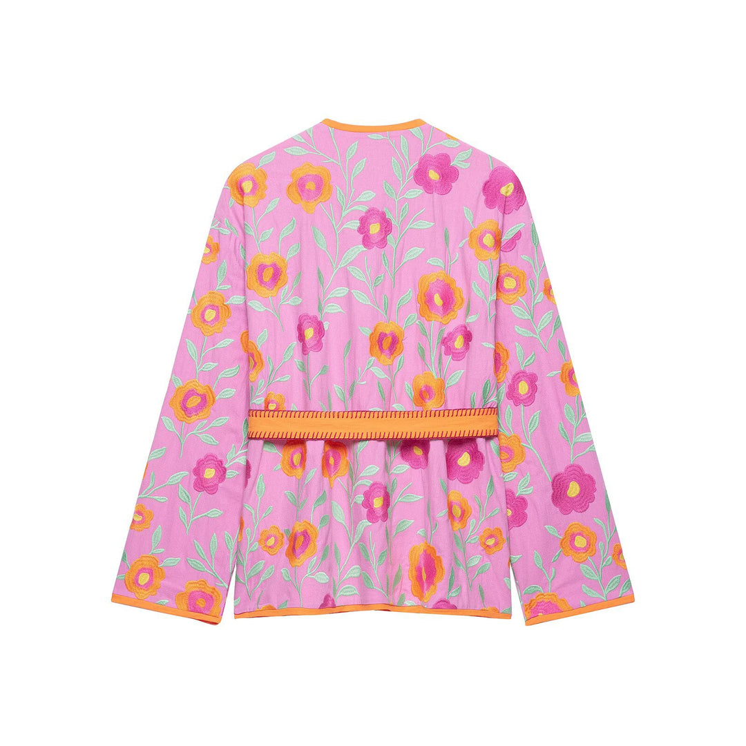 Damen Besticktes Kimono-Blouson mit Taillengürtel und floraler Stickerei Nord Taschen
