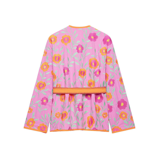 Damen Besticktes Kimono-Blouson mit Taillengürtel und floraler Stickerei Nord Taschen