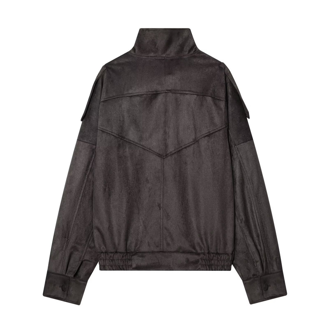 Damen Kurze Velours‑Optik Bomberjacke mit hohem Stehkragen und asymmetrischer Knopfleiste Nord Taschen