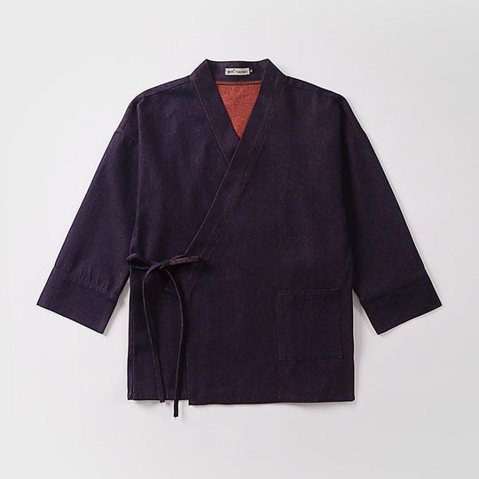 Unisex Leichte Wickel-Kimono-Jacke aus Leinen-Baumwollmix mit Kontrastbesatz und Bindegürtel Nord Taschen