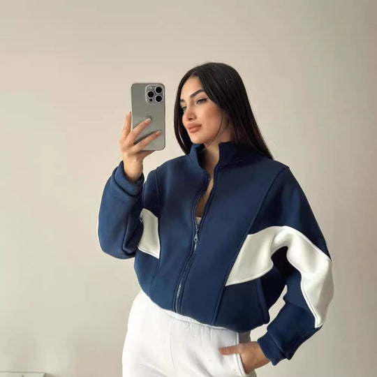 Damen Kurz geschnittener Stehkragen-Reißverschluss-Hoodie im Colorblock-Sportstyle Nord Taschen