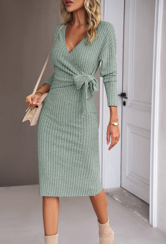 Damen Stylishes Wickelkleid im Rippstrickdesign Nord Taschen