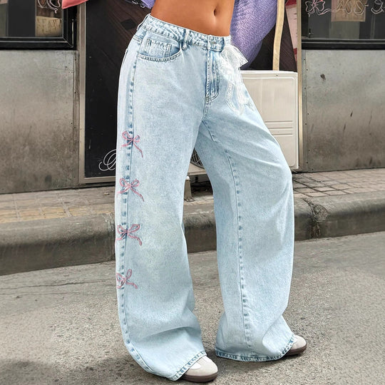 Damen weite High-Waist Denim-Jeanshose mit Spitzenband-Gürtel und ausgestelltem Bein Nord Taschen