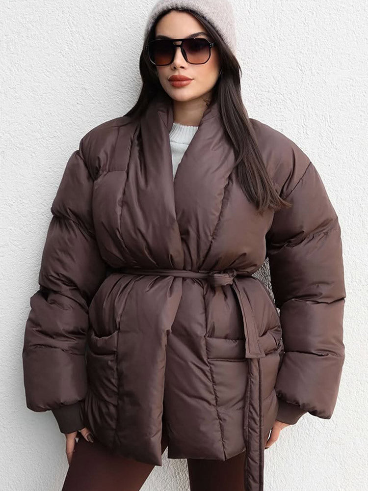 Damen Gesteppte Taillierte Steppjacke mit Schalkragen und Bindegürtel Nord Taschen